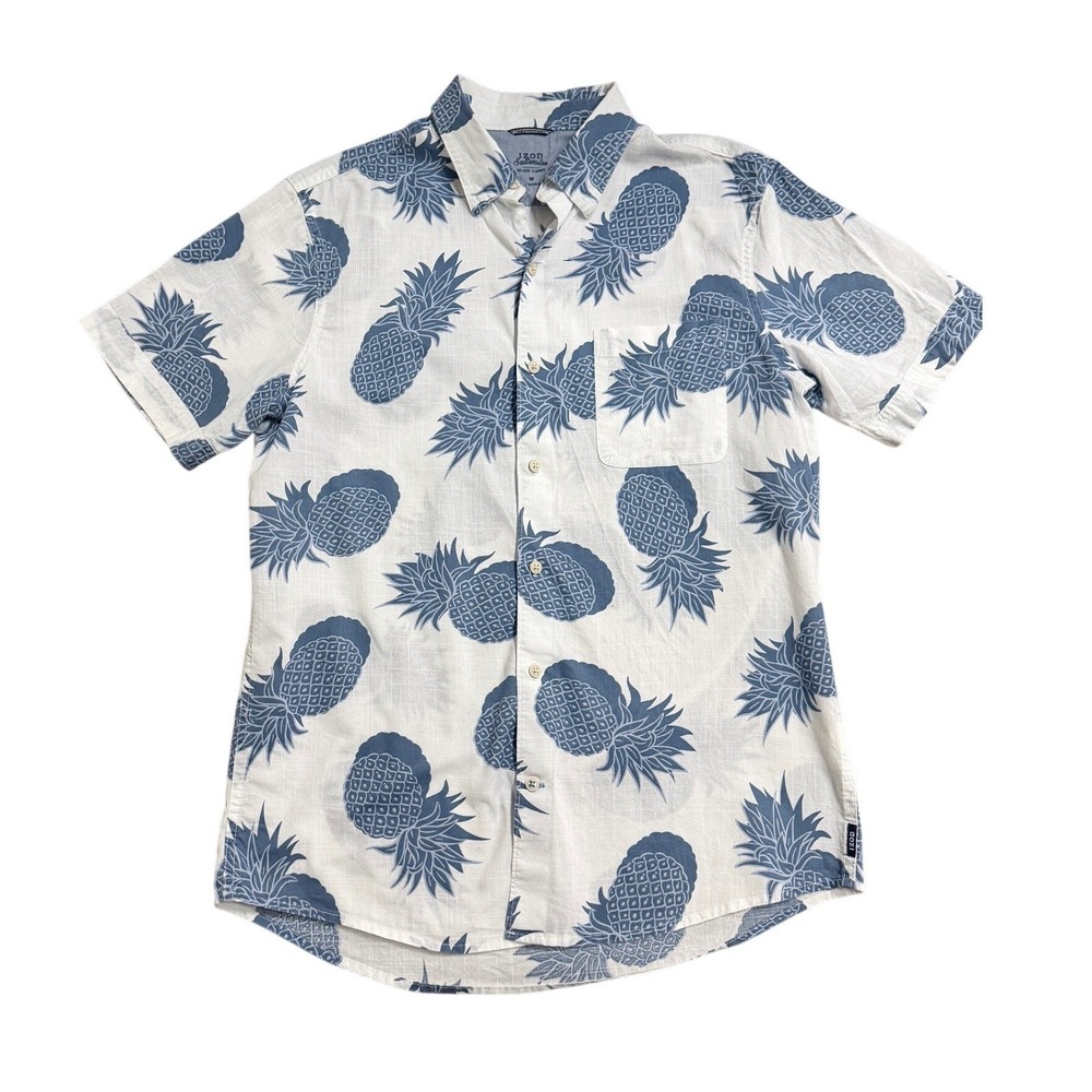 IZOD Saltwater White Blue Pineapple Print Short Shirt Preppy Hawaiian